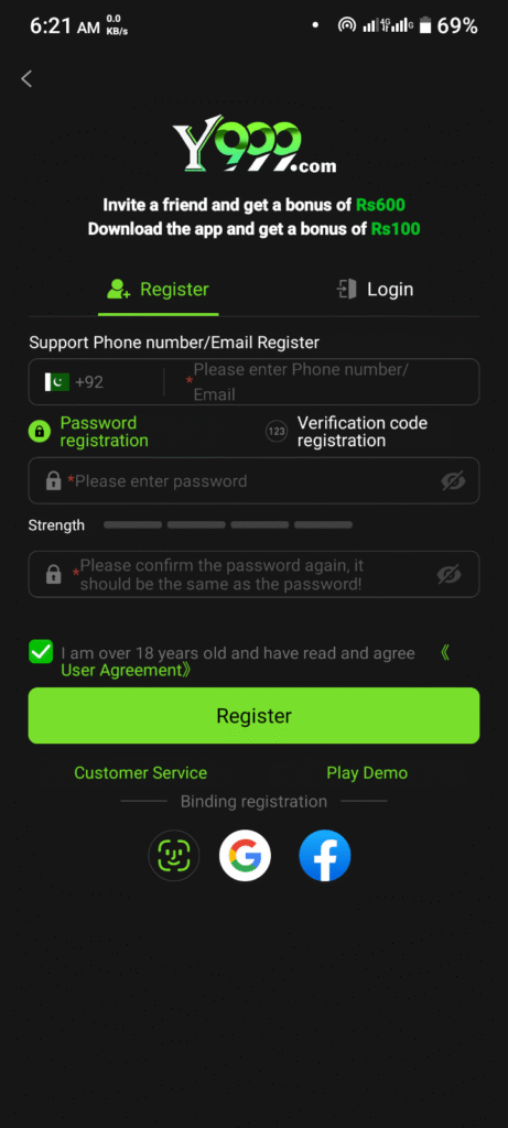 Y999 Game registration